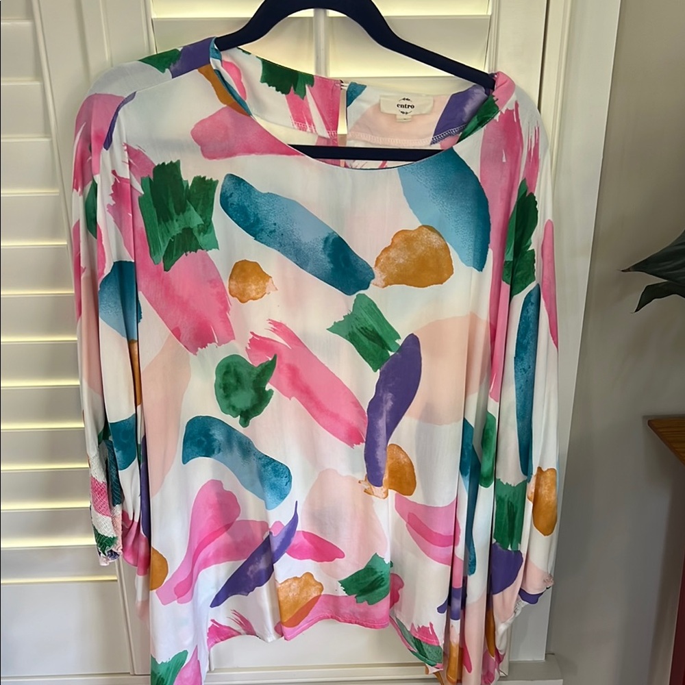 Entro Pink and Blue Graphic Long Sleeve Blouse